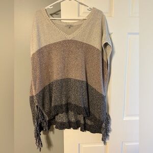 Colorblock V-Neck Sweater with Fringe